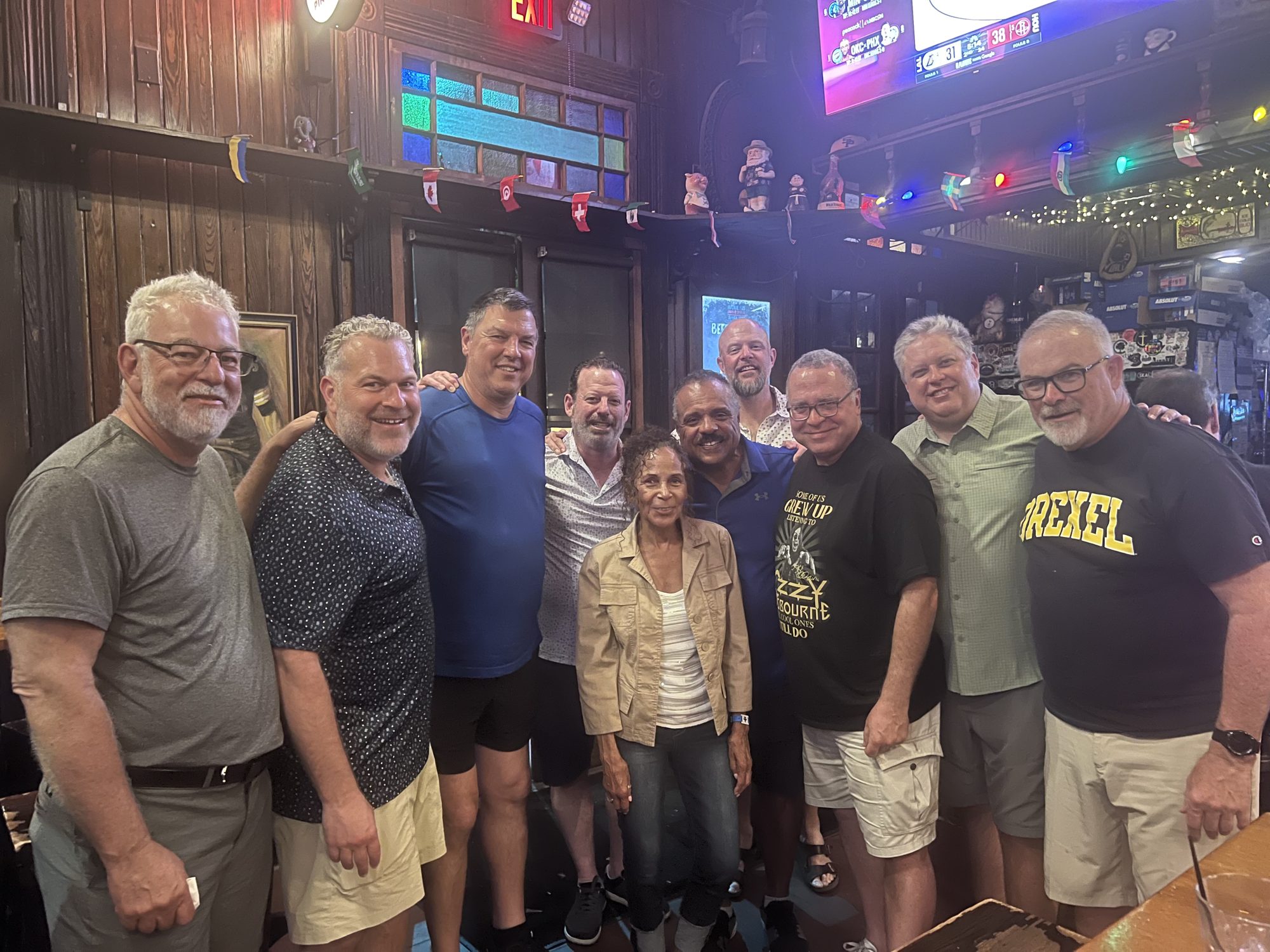 The whole gang out at the bar